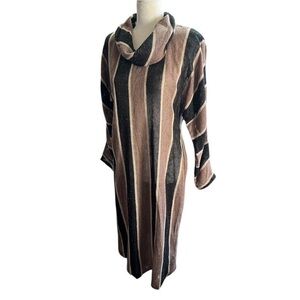 Brown and black striped knitted mesh midi dress with cowl neck and long sleeves